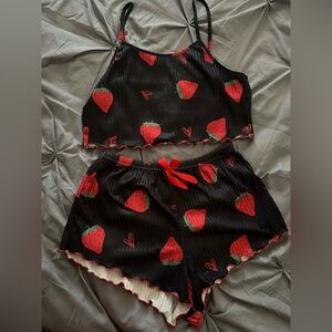 Black Strawberry Print crop Pajama Set